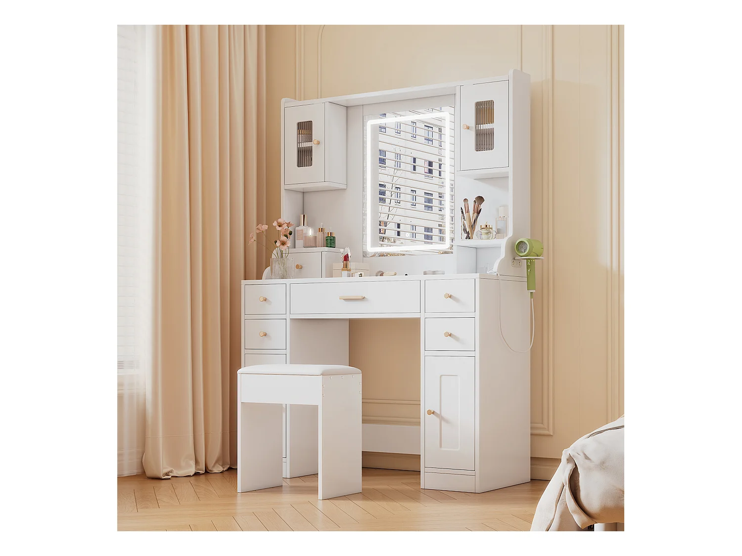 Zestaw toaletek - 105 x 40 x 152 cm - Toaletka z oświetleniem LED + Lustro + Stołek + 6 Szuflad + 4 Drzwi - MDF - Biały