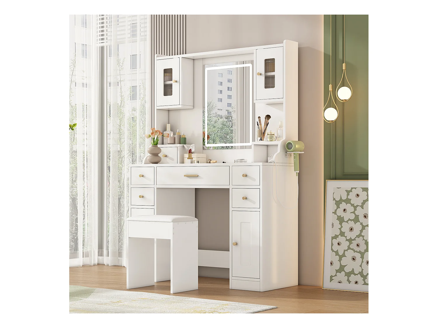 Zestaw toaletek - 105 x 40 x 152 cm - Toaletka z oświetleniem LED + Lustro + Stołek + 6 Szuflad + 4 Drzwi - MDF - Biały