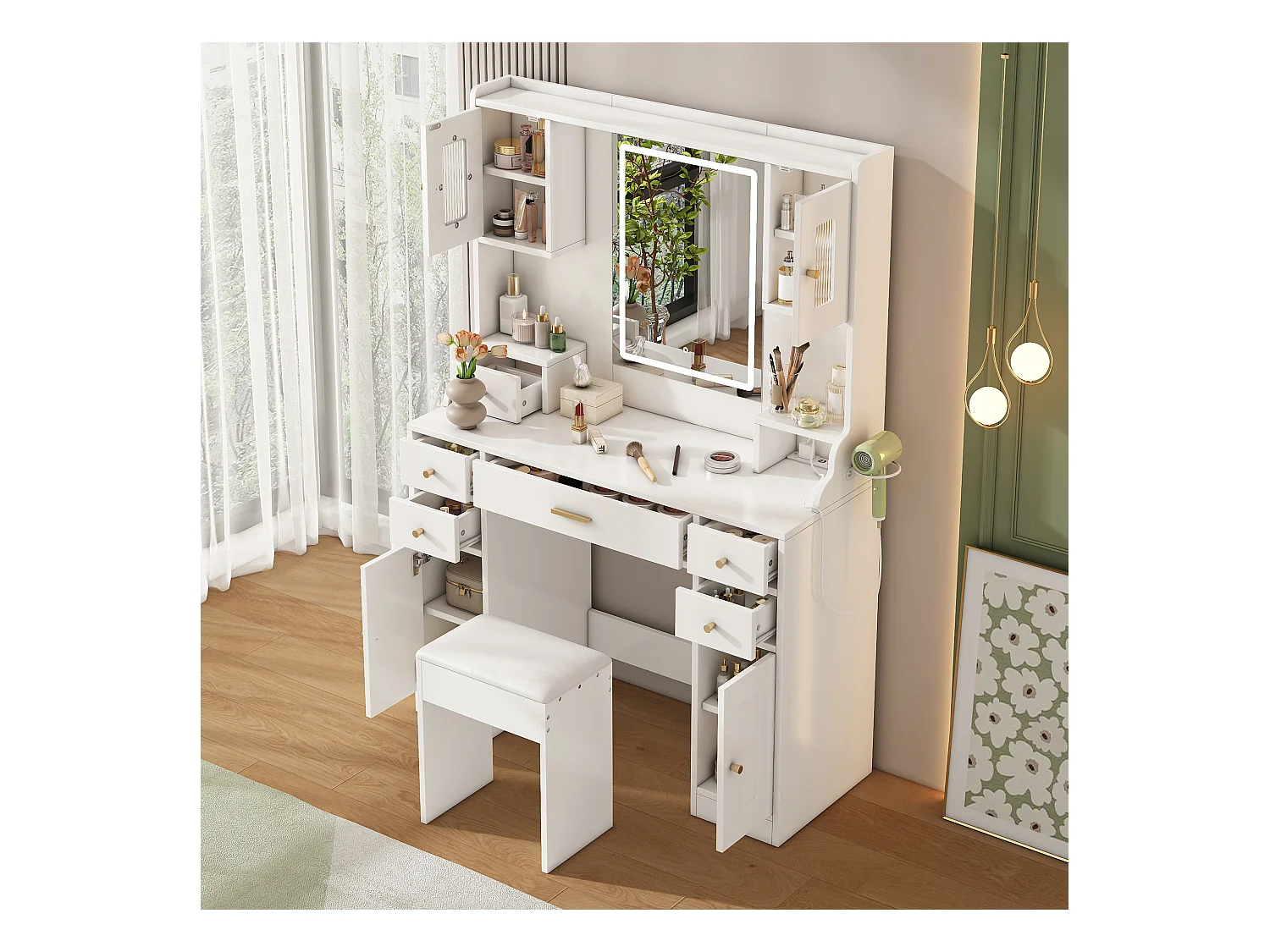 Zestaw toaletek - 105 x 40 x 152 cm - Toaletka z oświetleniem LED + Lustro + Stołek + 6 Szuflad + 4 Drzwi - MDF - Biały