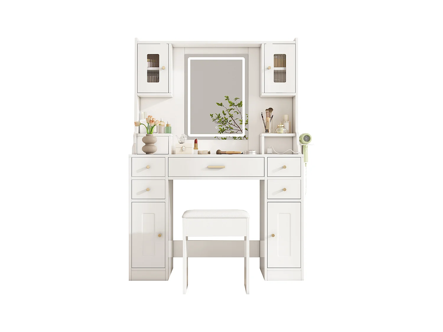 Zestaw toaletek - 105 x 40 x 152 cm - Toaletka z oświetleniem LED + Lustro + Stołek + 6 Szuflad + 4 Drzwi - MDF - Biały