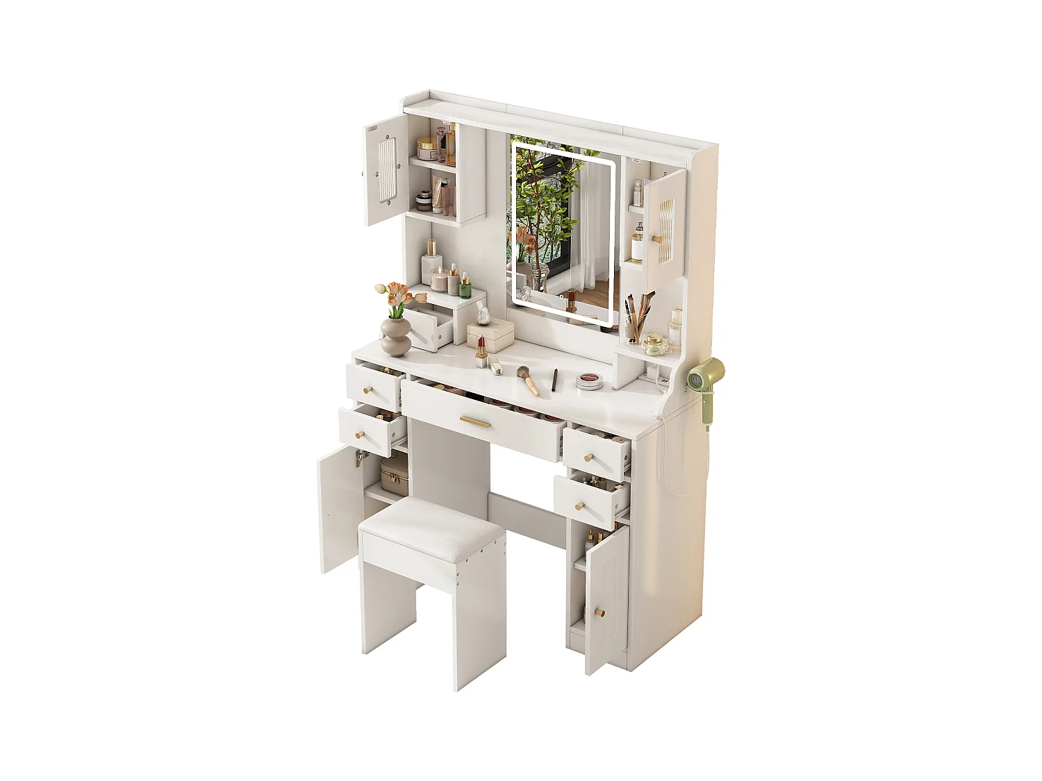 Zestaw toaletek - 105 x 40 x 152 cm - Toaletka z oświetleniem LED + Lustro + Stołek + 6 Szuflad + 4 Drzwi - MDF - Biały