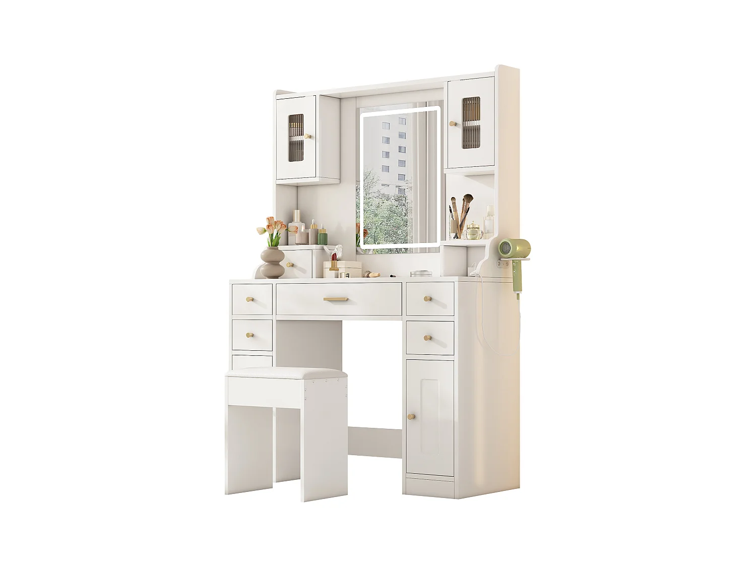 Zestaw toaletek - 105 x 40 x 152 cm - Toaletka z oświetleniem LED + Lustro + Stołek + 6 Szuflad + 4 Drzwi - MDF - Biały