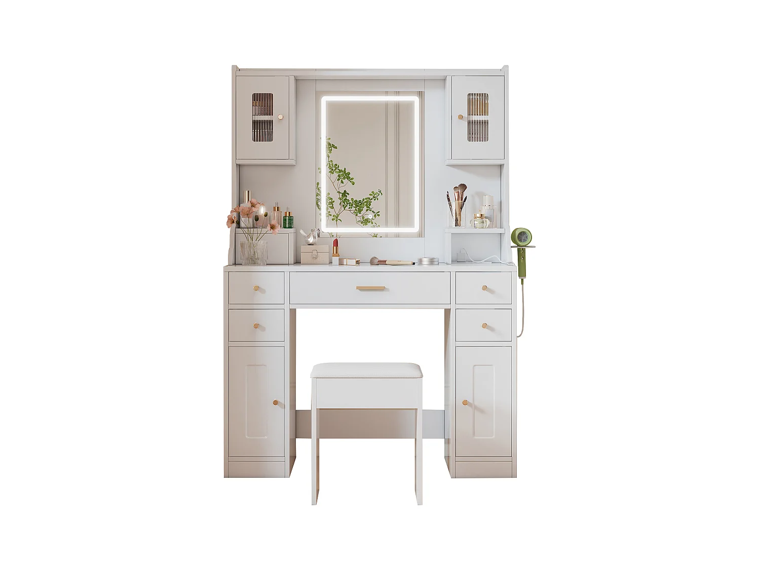 Zestaw toaletek - 105 x 40 x 152 cm - Toaletka z oświetleniem LED + Lustro + Stołek + 6 Szuflad + 4 Drzwi - MDF - Biały