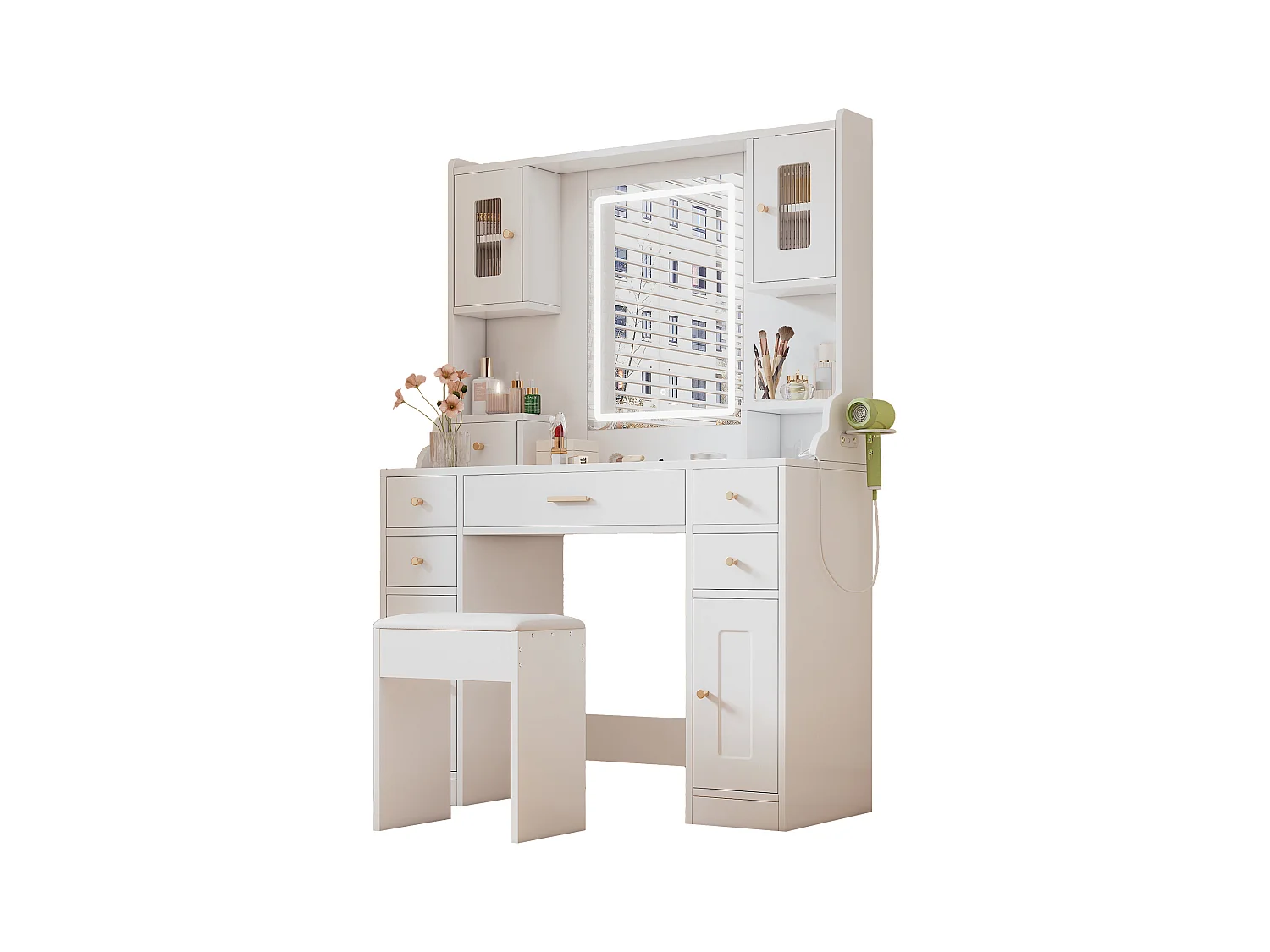 Zestaw toaletek - 105 x 40 x 152 cm - Toaletka z oświetleniem LED + Lustro + Stołek + 6 Szuflad + 4 Drzwi - MDF - Biały