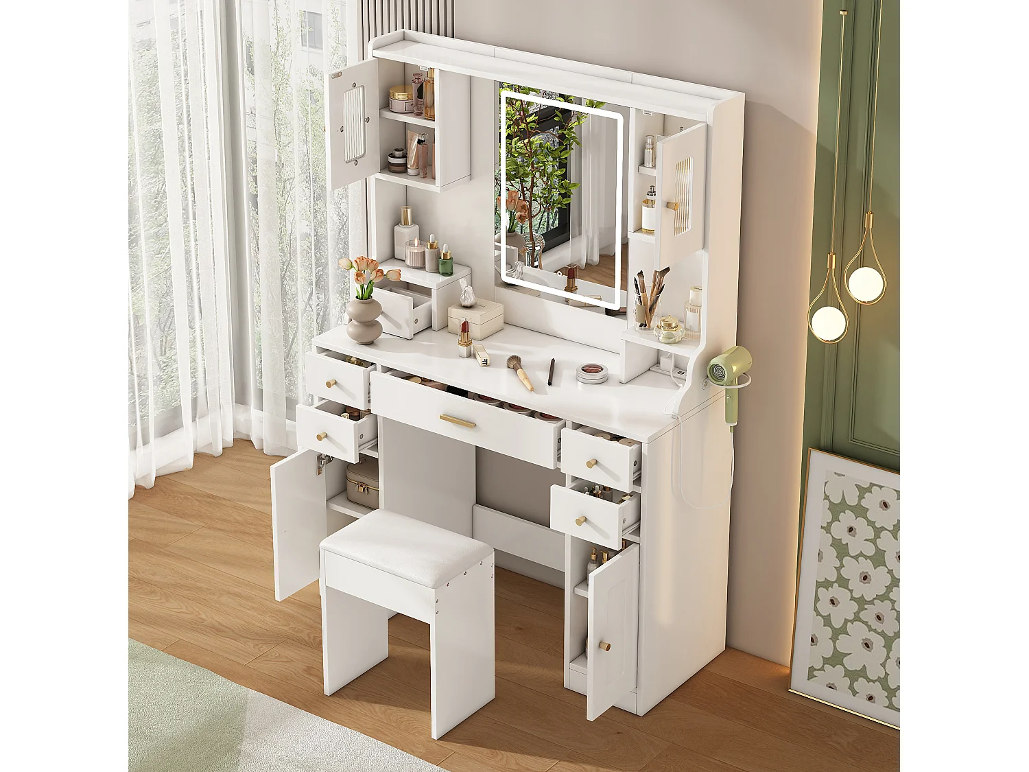 Ensemble de coiffeuse - 105 x 40 x 152 cm - maquillage avec Leds + miroir + tabouret + 6 tiroirs + 4 portes - MDF - blanc