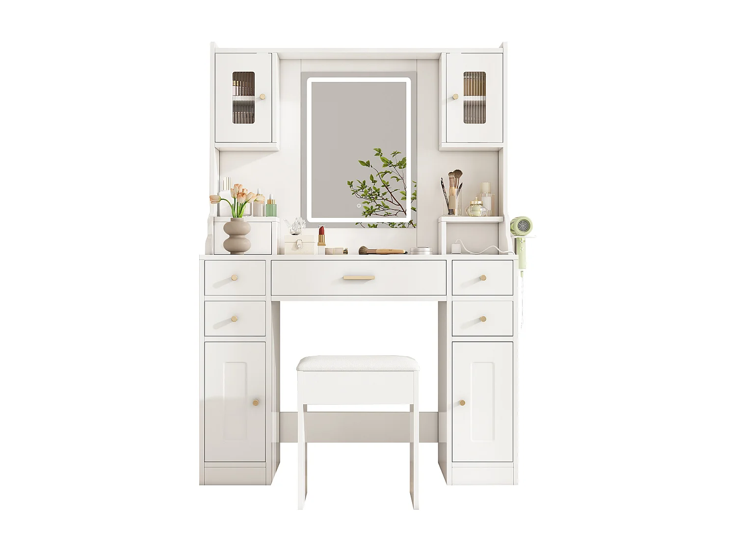 Ensemble de coiffeuse - 105 x 40 x 152 cm - maquillage avec Leds + miroir + tabouret + 6 tiroirs + 4 portes - MDF - blanc