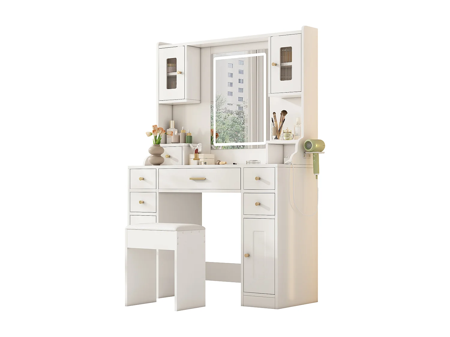 Ensemble de coiffeuse - 105 x 40 x 152 cm - maquillage avec Leds + miroir + tabouret + 6 tiroirs + 4 portes - MDF - blanc