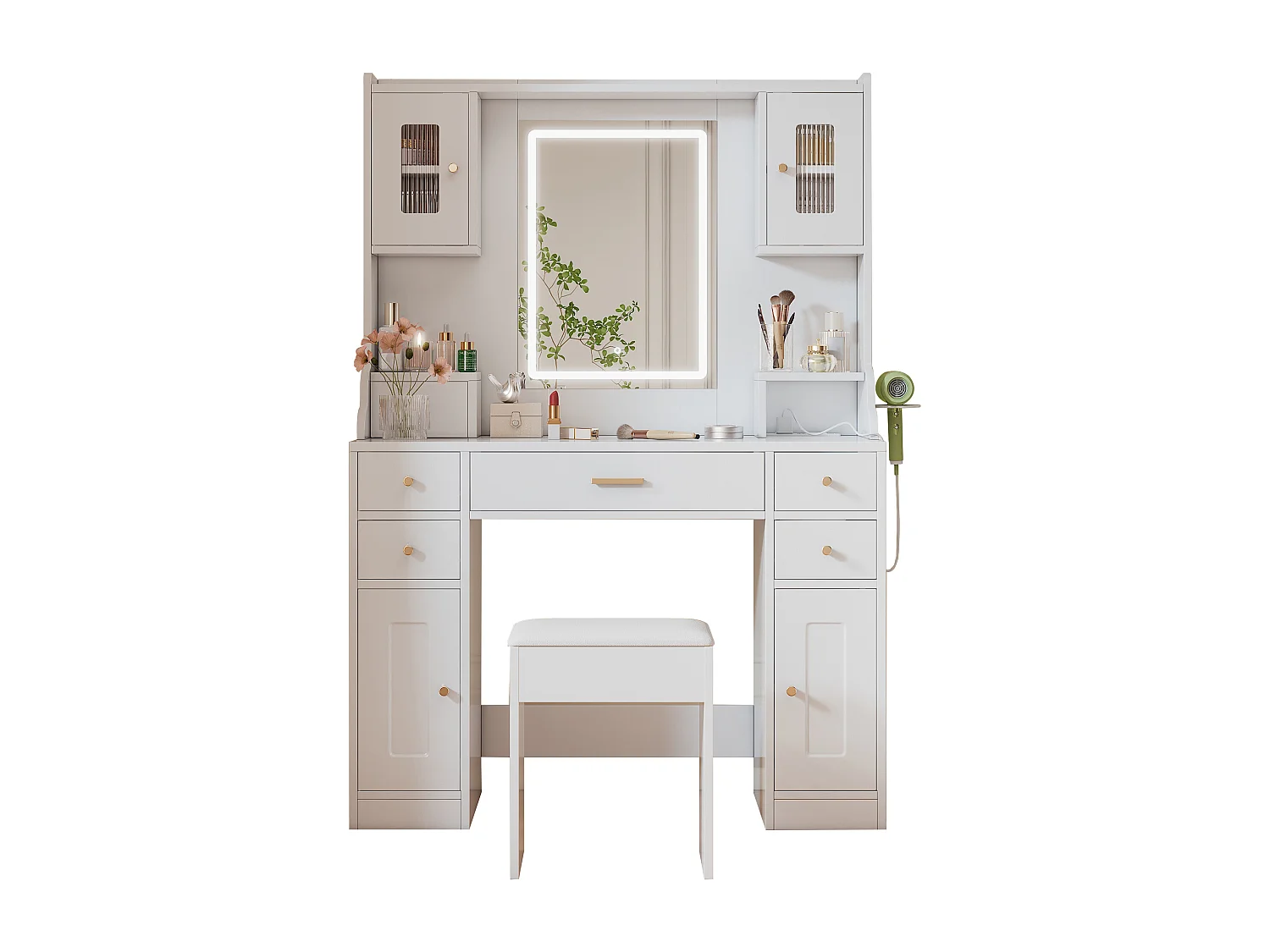 Ensemble de coiffeuse - 105 x 40 x 152 cm - maquillage avec Leds + miroir + tabouret + 6 tiroirs + 4 portes - MDF - blanc