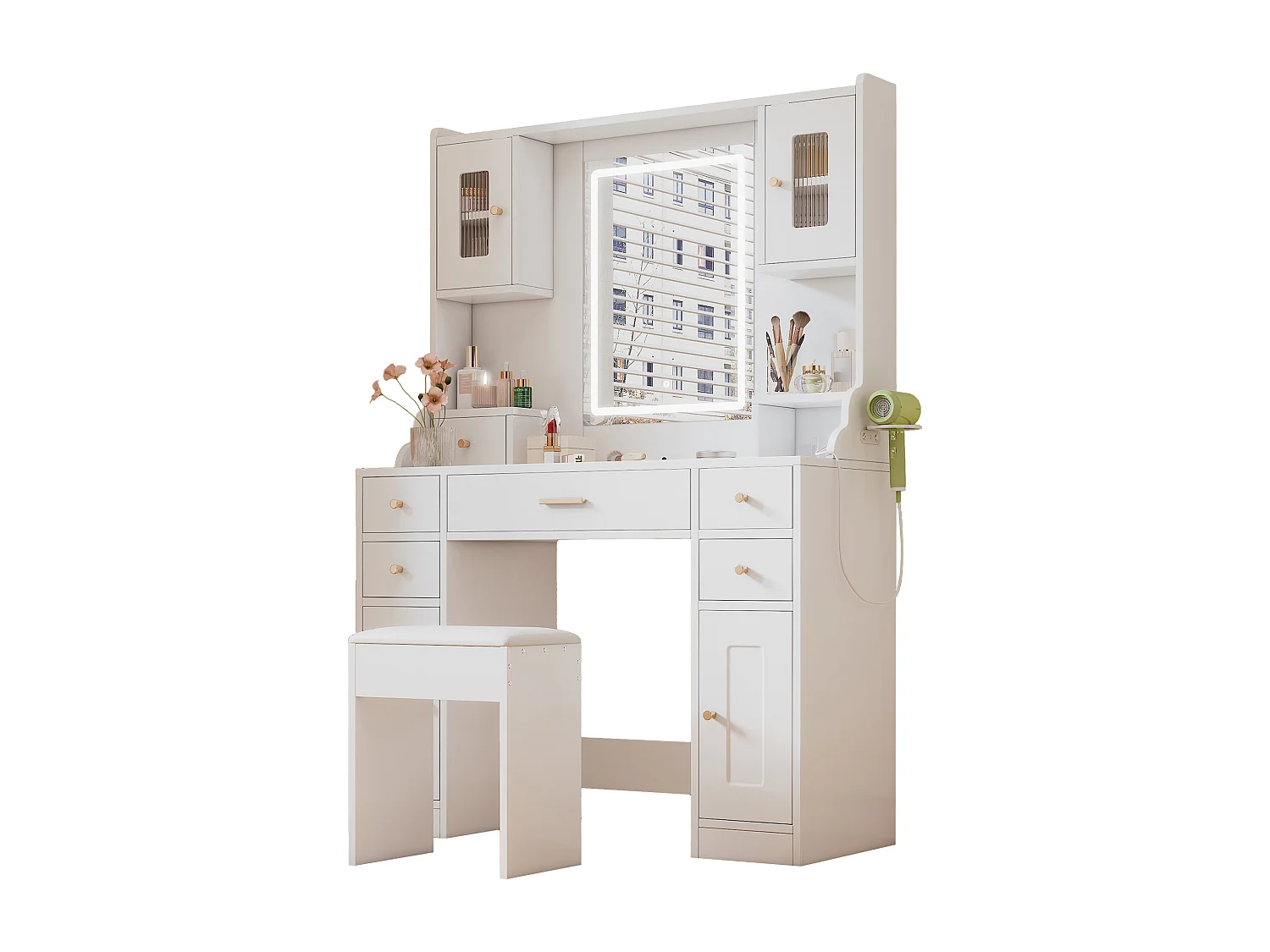 Ensemble de coiffeuse - 105 x 40 x 152 cm - maquillage avec Leds + miroir + tabouret + 6 tiroirs + 4 portes - MDF - blanc