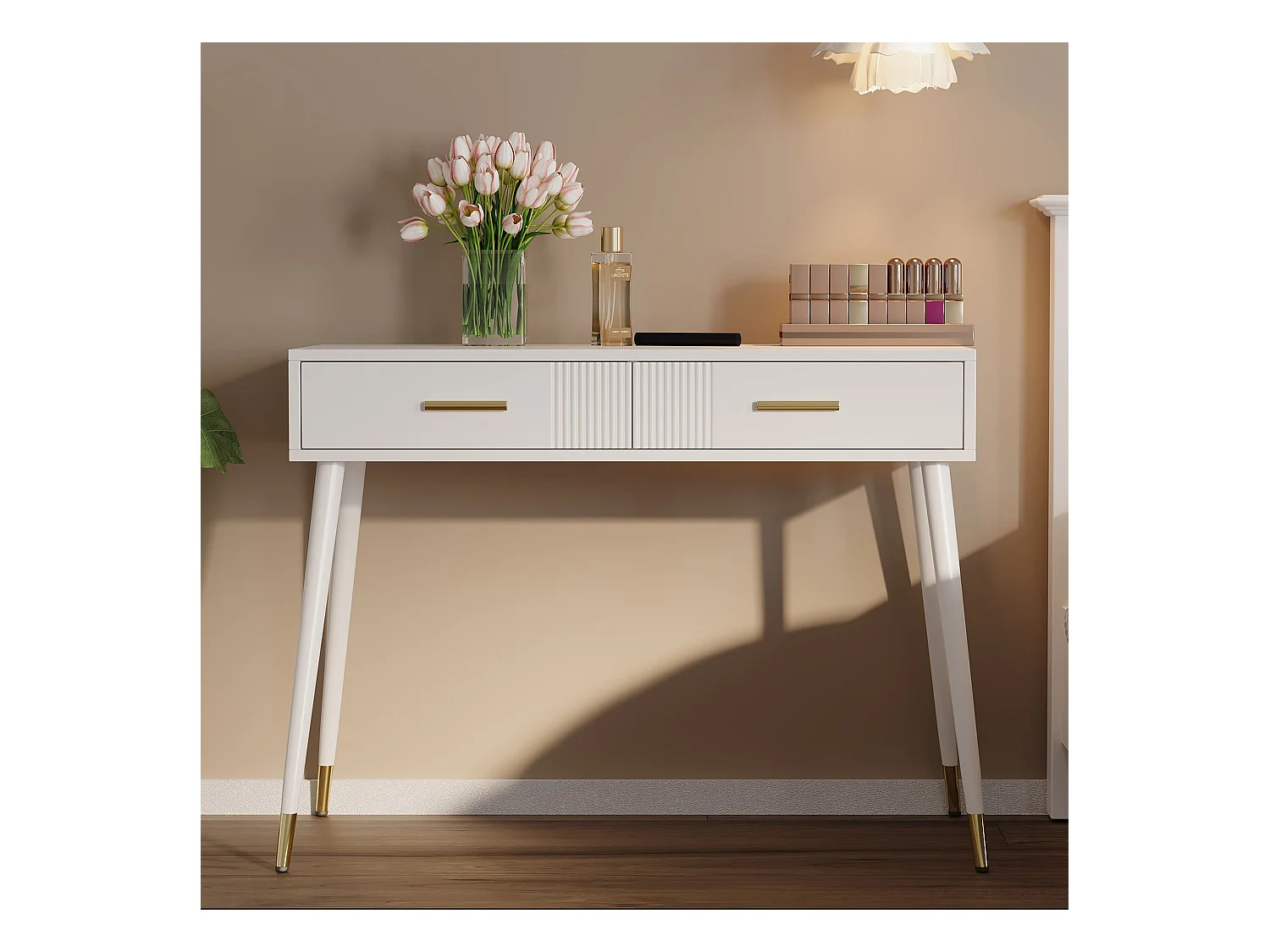 Meuble coiffeuse - 100 x 40 x 76 cm - bureau avec 2 tiroirs -  pieds en métal - MDF - blanc (sans miroir)
