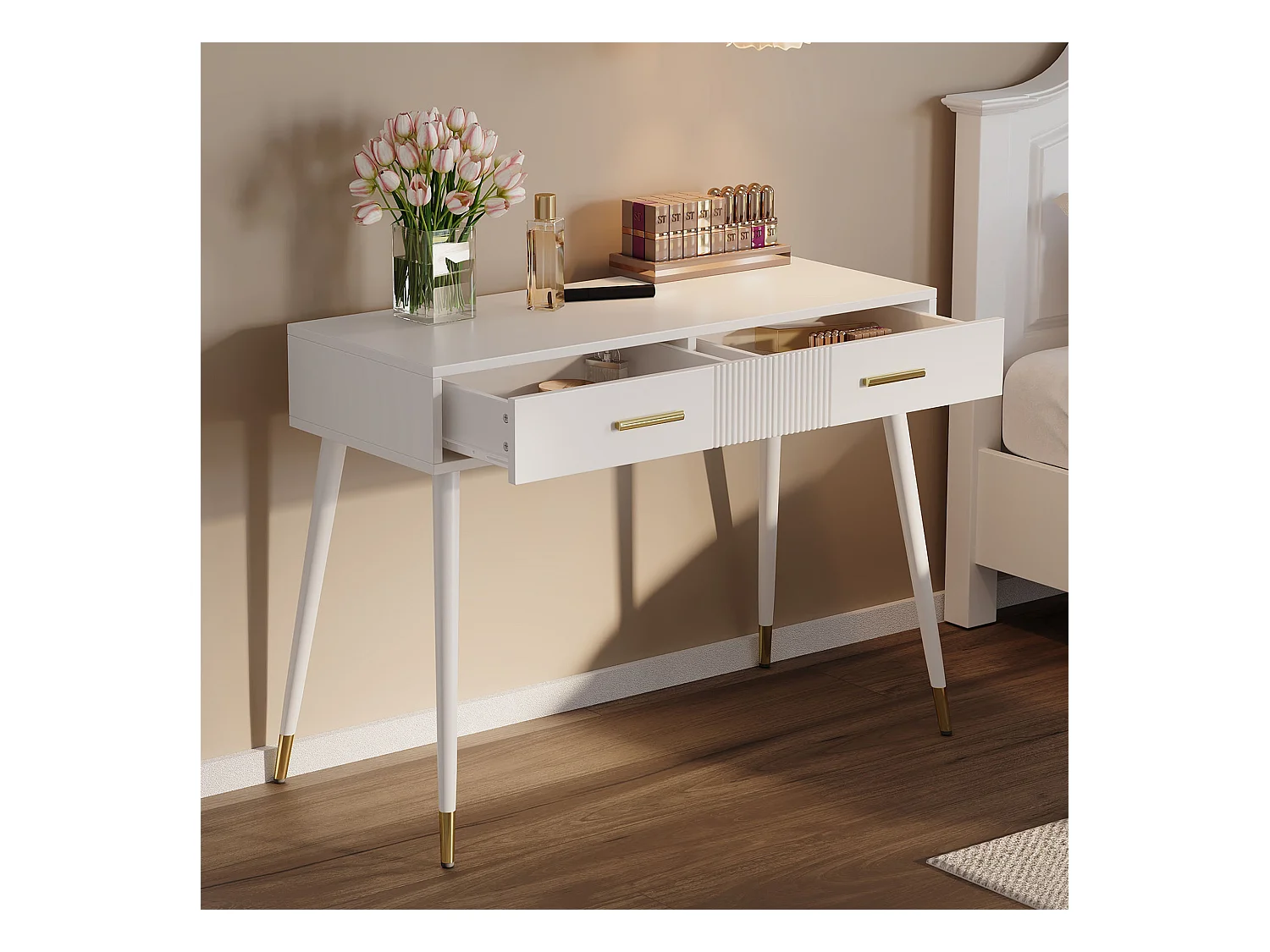 Meuble coiffeuse - 100 x 40 x 76 cm - bureau avec 2 tiroirs -  pieds en métal - MDF - blanc (sans miroir)