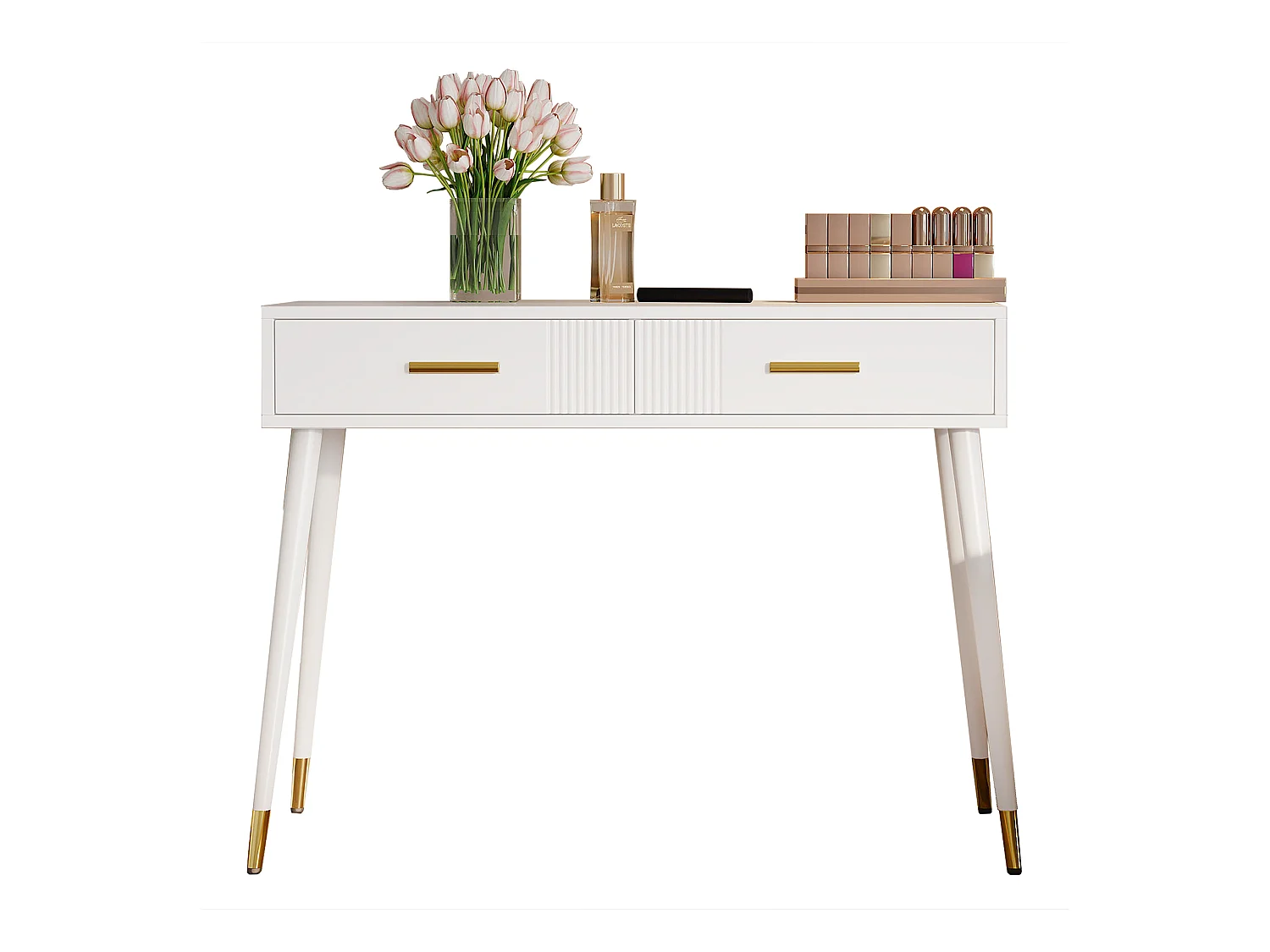 Meuble coiffeuse - 100 x 40 x 76 cm - bureau avec 2 tiroirs -  pieds en métal - MDF - blanc (sans miroir)