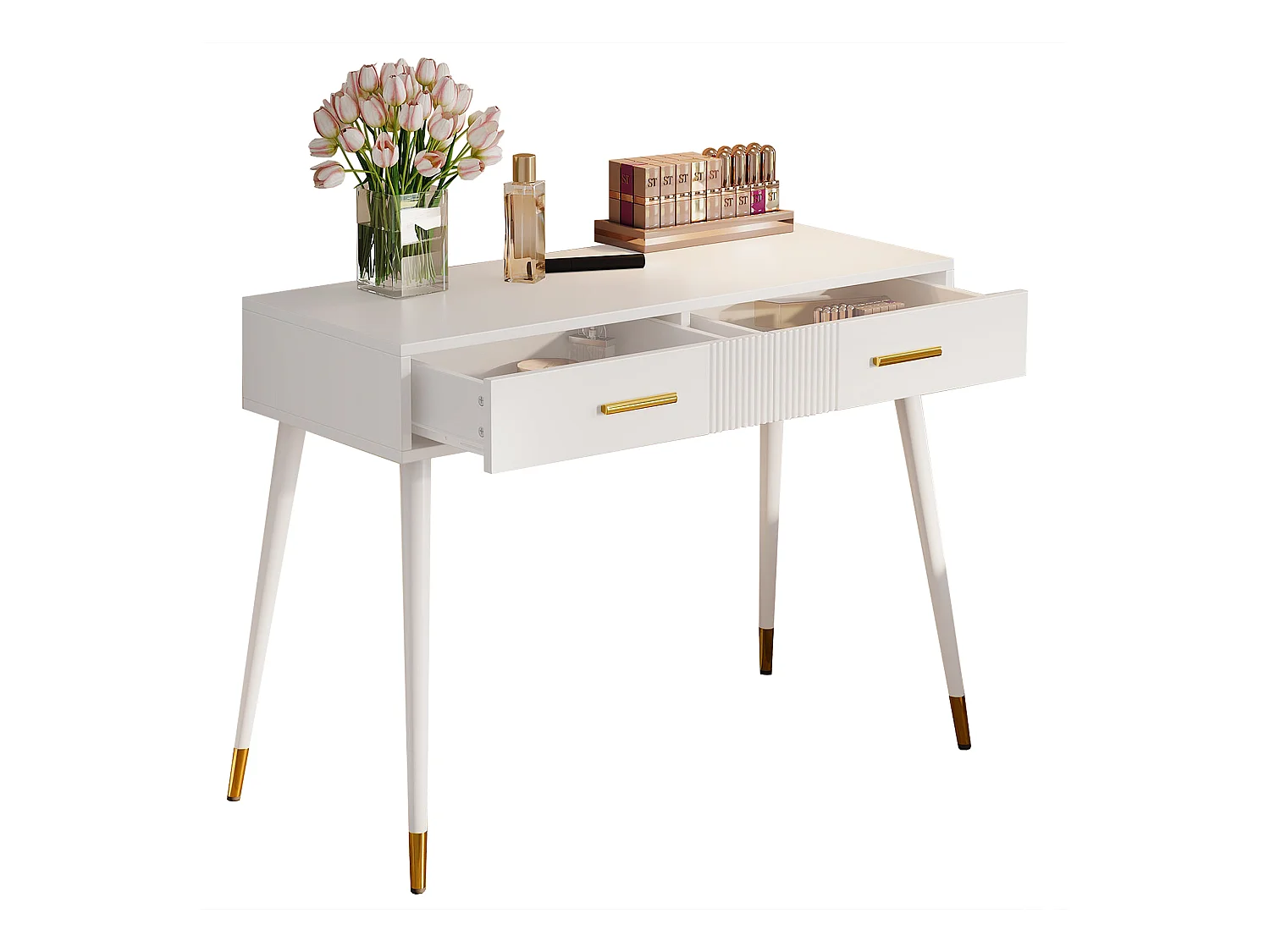 Meuble coiffeuse - 100 x 40 x 76 cm - bureau avec 2 tiroirs -  pieds en métal - MDF - blanc (sans miroir)