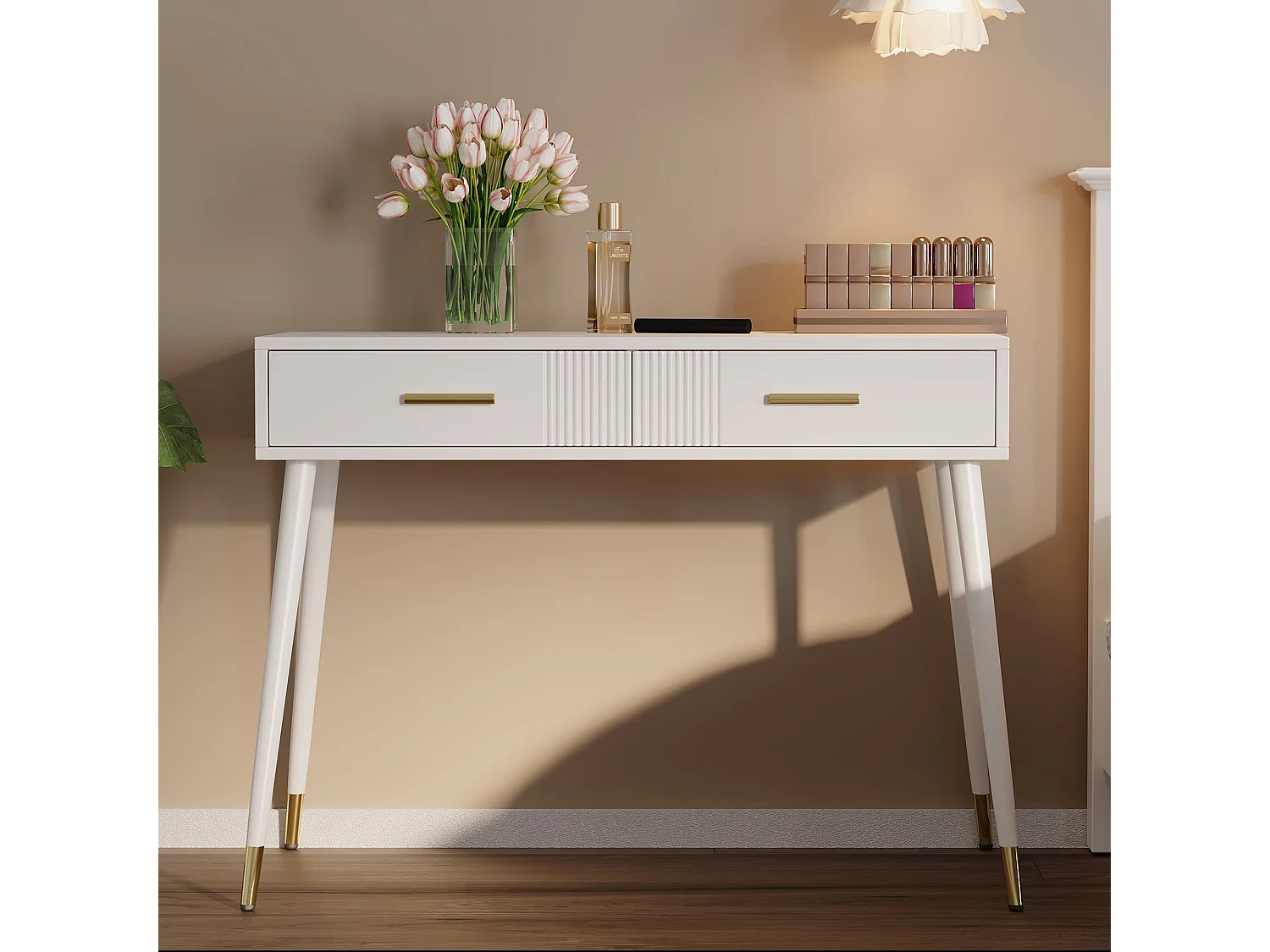 Schminktisch – 100 x 40 x 76 cm – Schreibtisch mit 2 Schubladen – Metallbeine – MDF – weiß (ohne Spiegel)