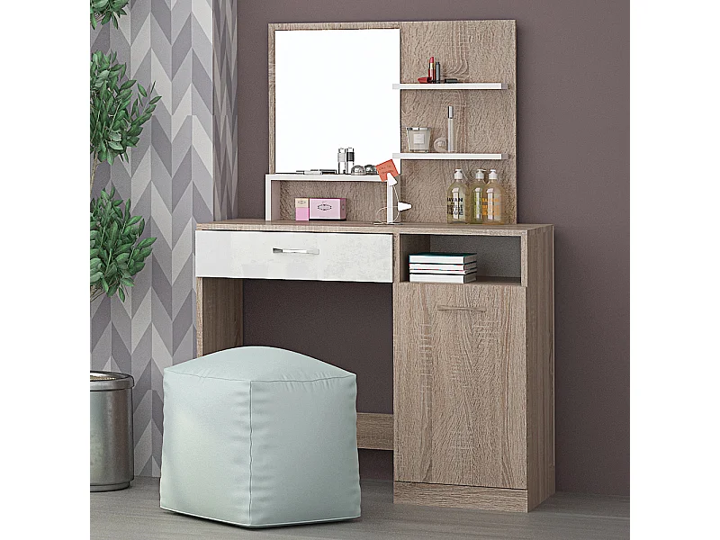 Toeletta moderna con specchio e mensoline in rovere chiaro e bianco lucido CG43