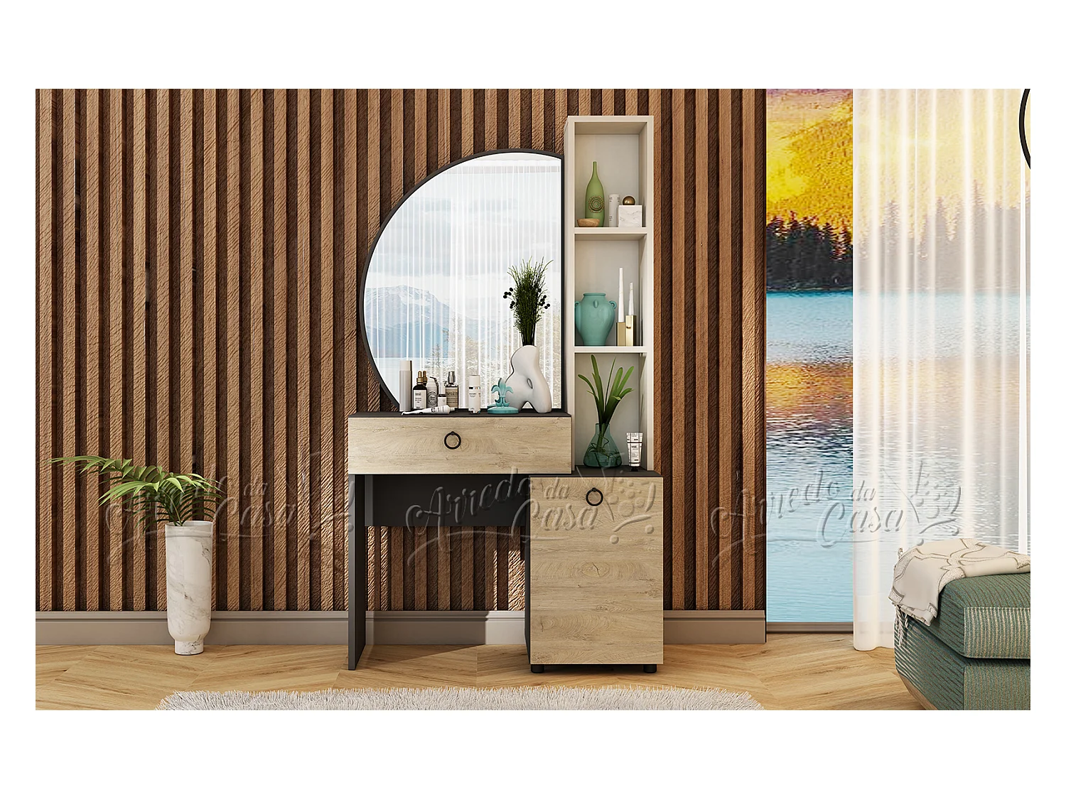 Toeletta moderna con specchio 170x95 cm beige, quercia e nero CU44