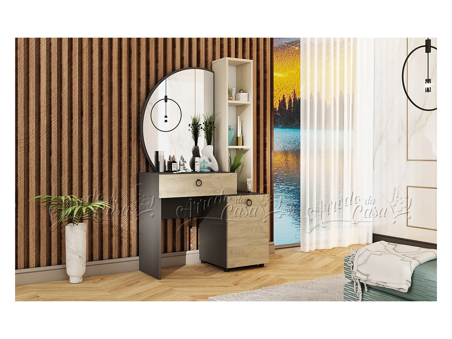 Toeletta moderna con specchio 170x95 cm beige, quercia e nero CU44