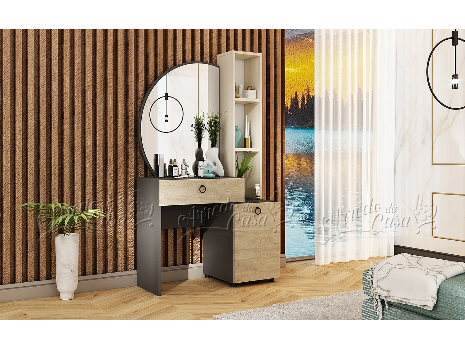 Toeletta moderna con specchio 170x95 cm beige, quercia e nero CU44