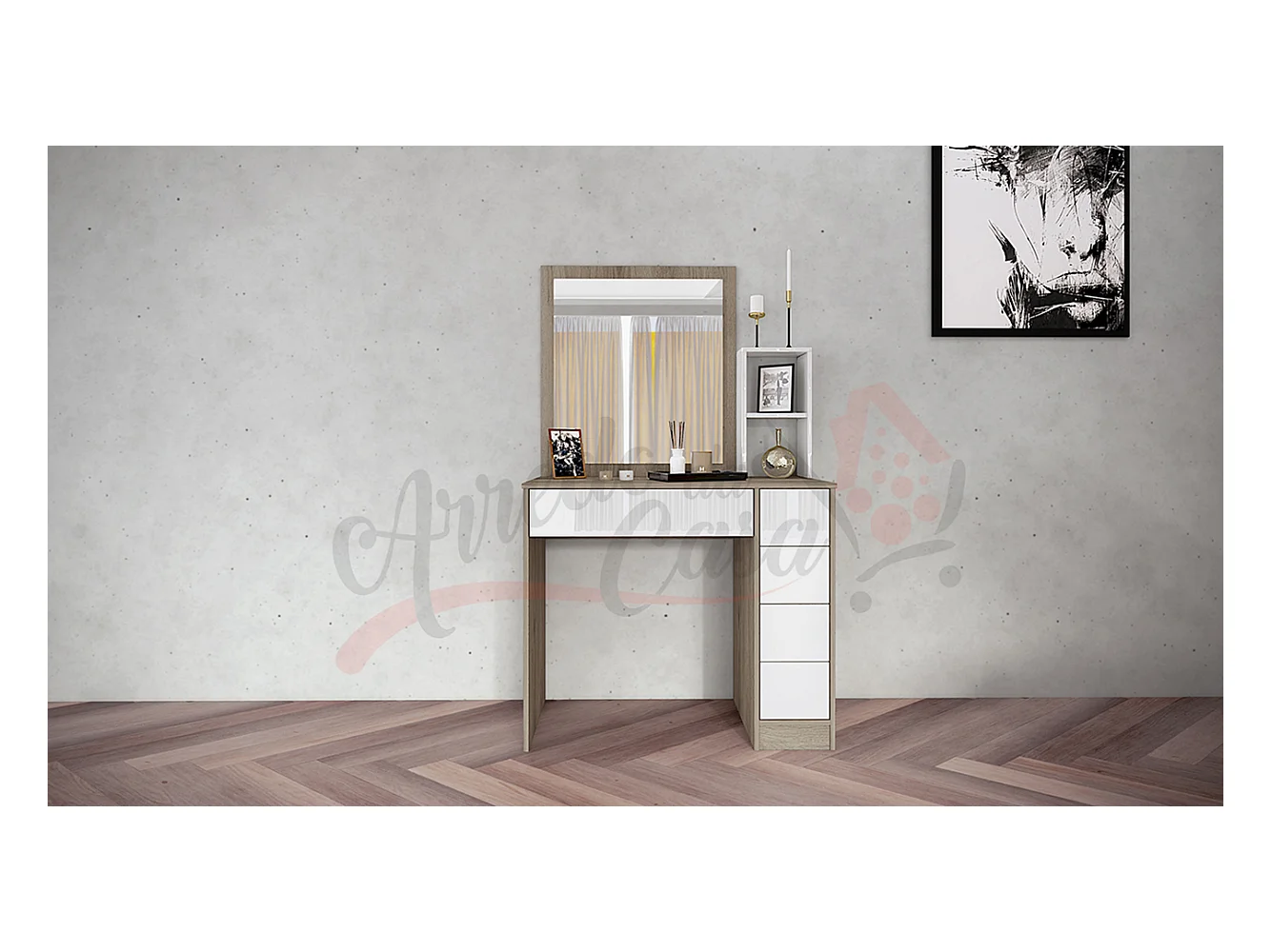 Toeletta da camera per trucco con specchio design moderno CI9 100x165 bianco e rovere chiaro
