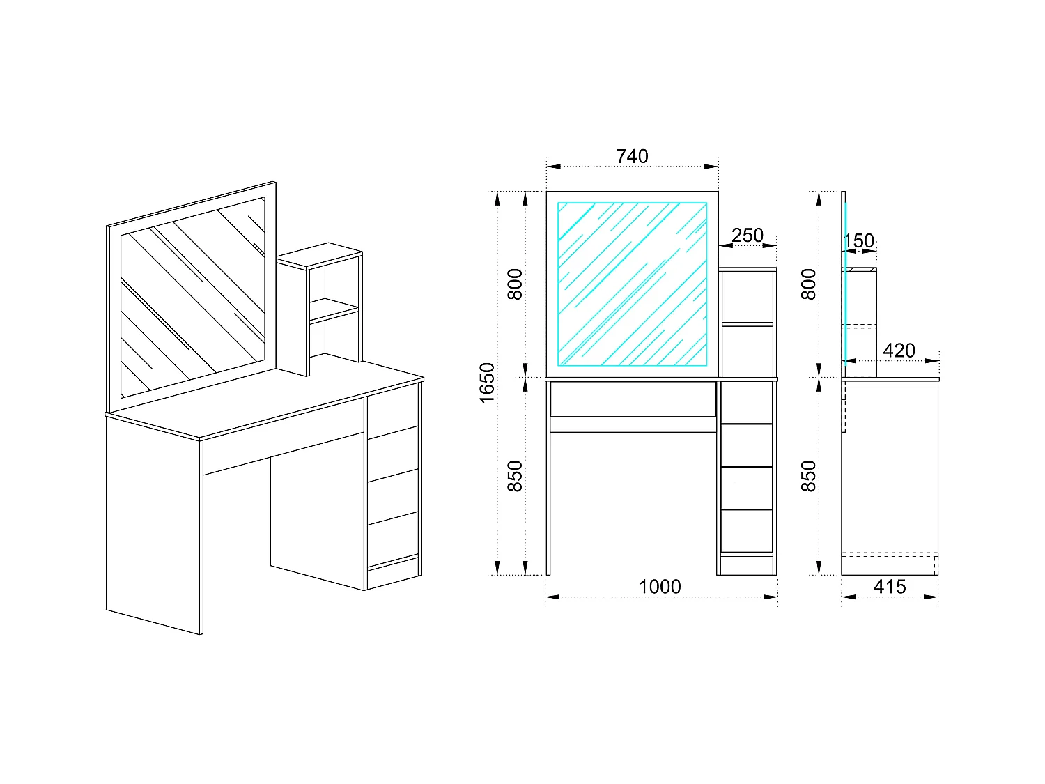 Toeletta da camera per trucco con specchio design moderno CI9 100x165 bianco e rovere chiaro