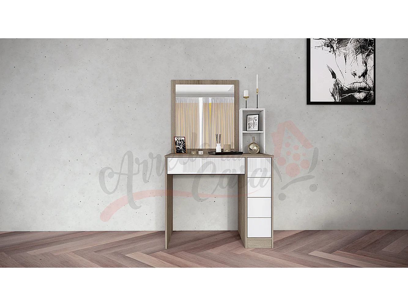 Toeletta da camera per trucco con specchio design moderno CI9 100x165 bianco e rovere chiaro