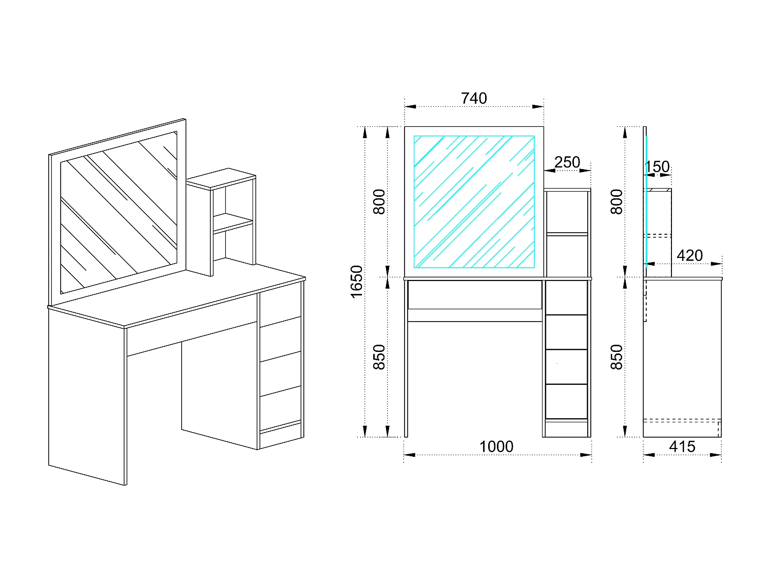 Toeletta da camera per trucco con specchio design moderno CI9 100x165 bianco e rovere chiaro