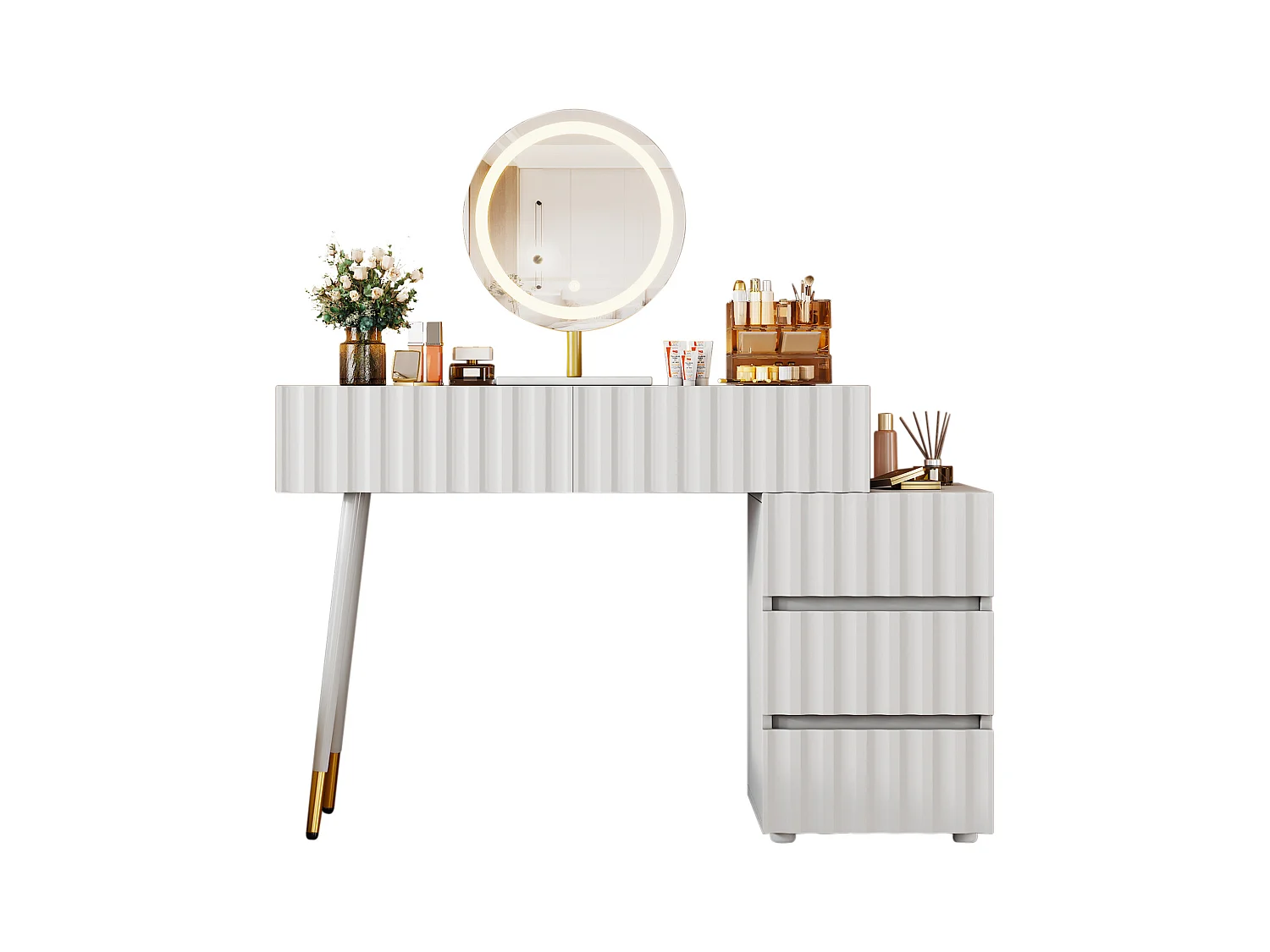 Ensemble de coiffeuse - 135 x 40 x 127 cm - avec miroir Leds + 5 tiroirs - pour chambre - MDF - blanc (sans tabouret)