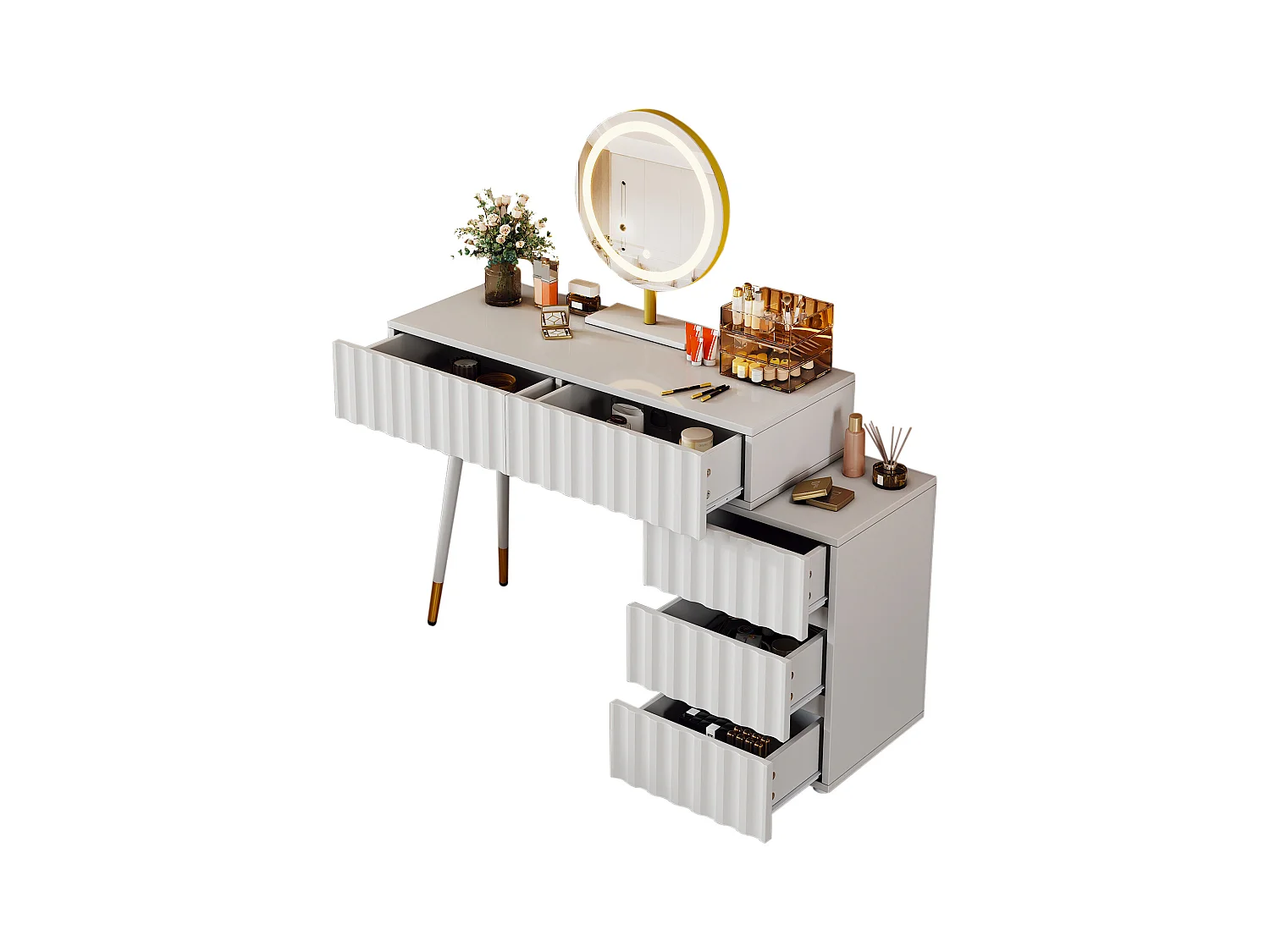 Ensemble de coiffeuse - 135 x 40 x 127 cm - avec miroir Leds + 5 tiroirs - pour chambre - MDF - blanc (sans tabouret)