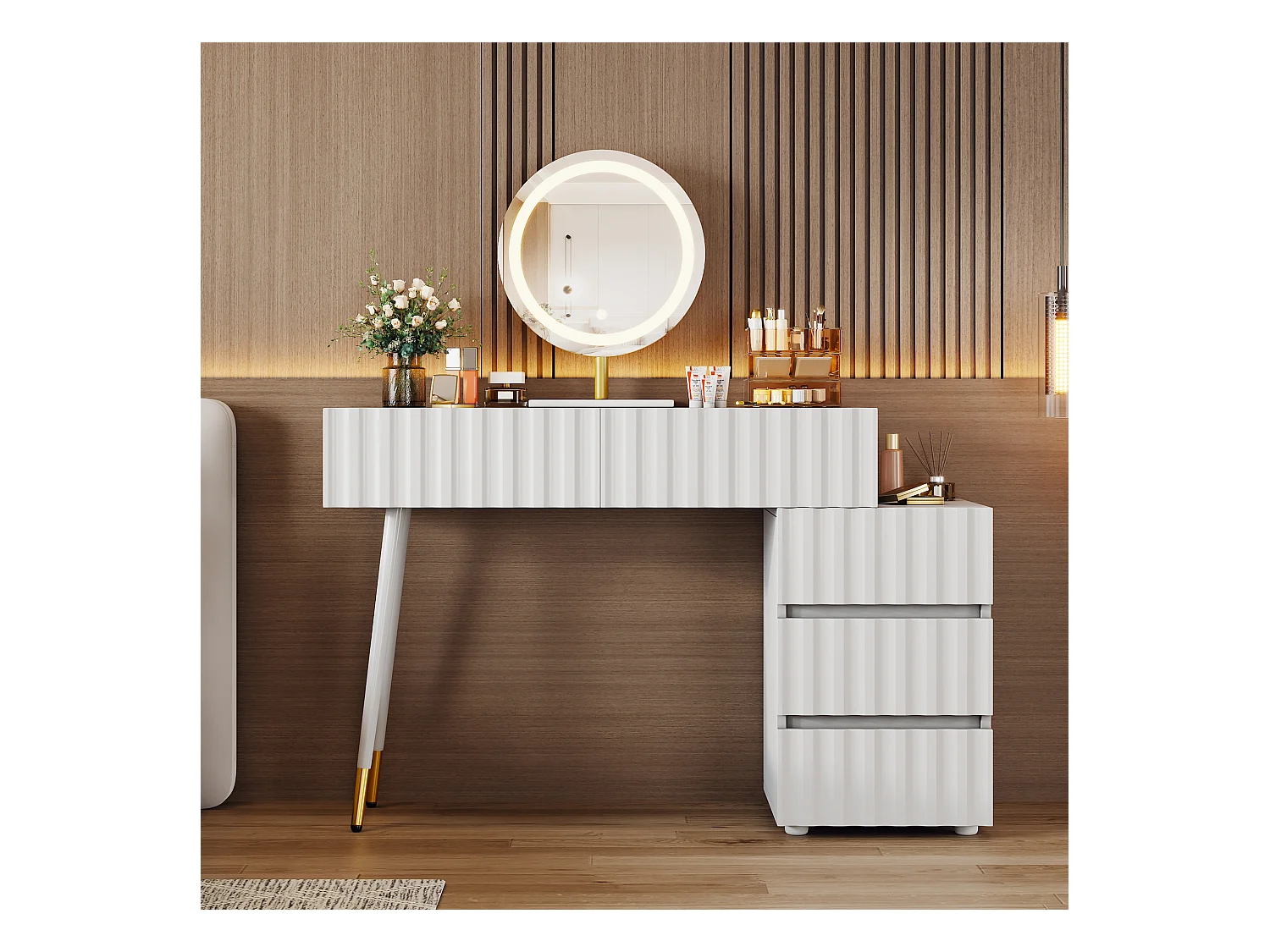 Ensemble de coiffeuse - 135 x 40 x 127 cm - avec miroir Leds + 5 tiroirs - pour chambre - MDF - blanc (sans tabouret)