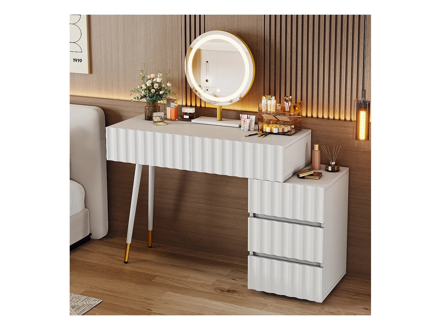 Ensemble de coiffeuse - 135 x 40 x 127 cm - avec miroir Leds + 5 tiroirs - pour chambre - MDF - blanc (sans tabouret)