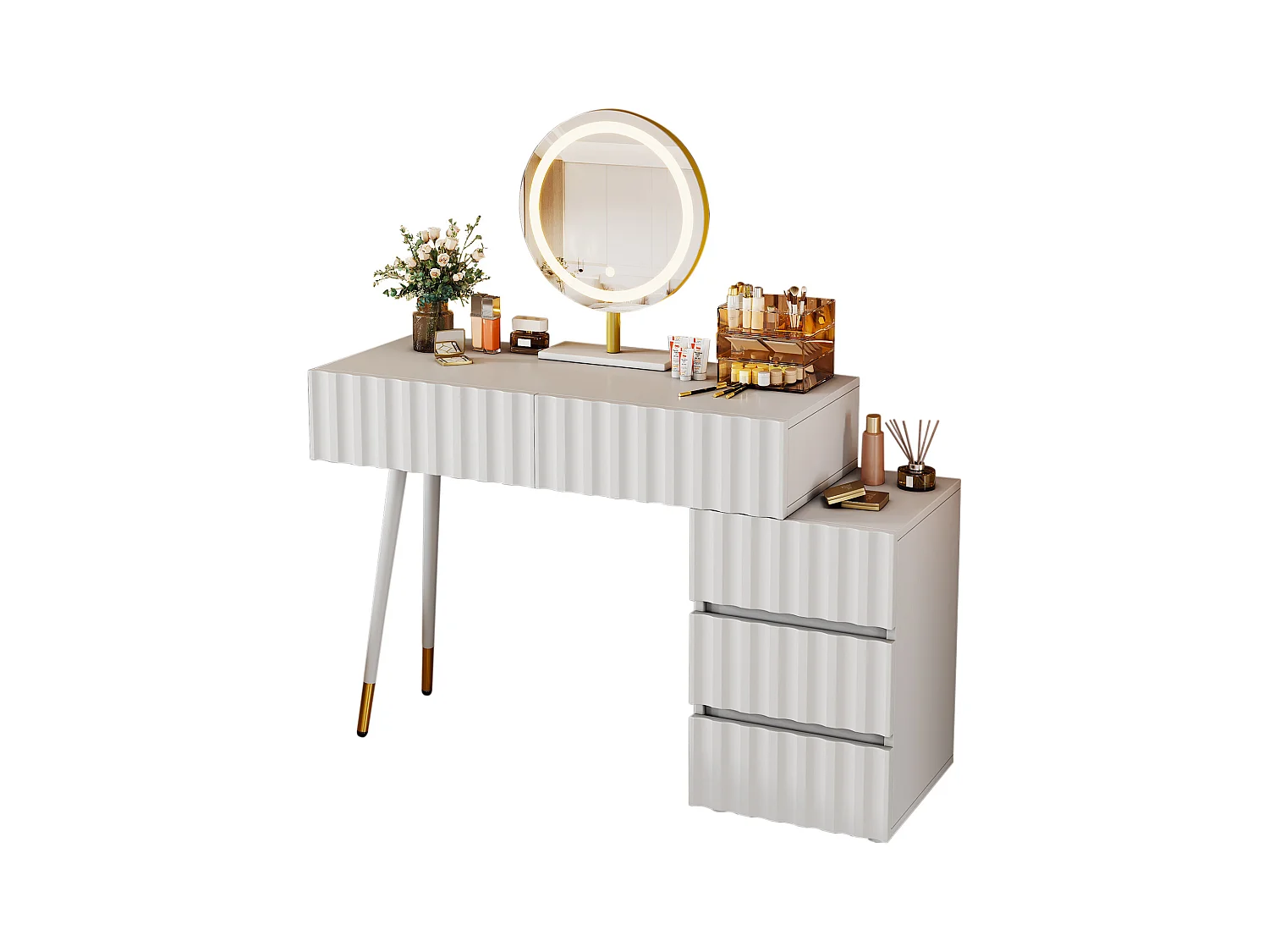 Ensemble de coiffeuse - 135 x 40 x 127 cm - avec miroir Leds + 5 tiroirs - pour chambre - MDF - blanc (sans tabouret)