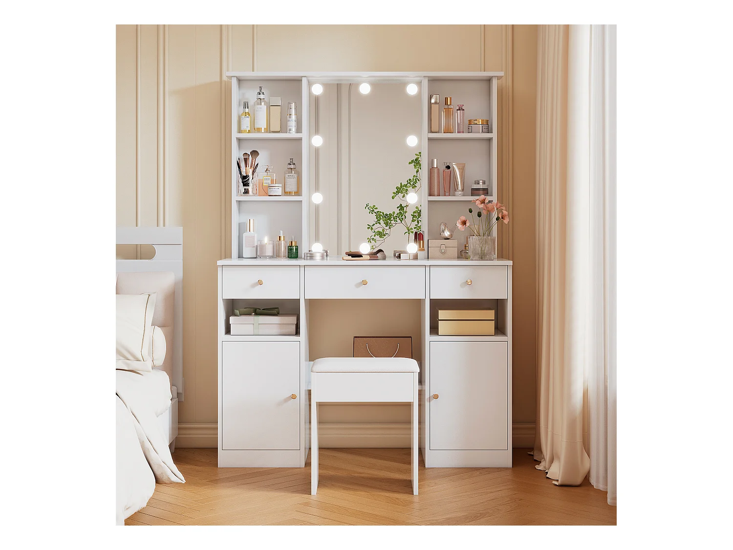 Ensemble de coiffeuse - 110 x 40 x 151 cm - maquillage avec Leds + miroir + tabouret + 3 tiroirs + 2 portes - aggloméré - blanc