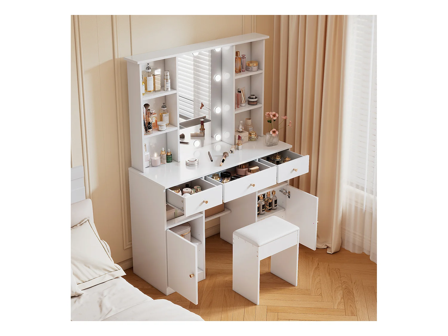 Ensemble de coiffeuse - 110 x 40 x 151 cm - maquillage avec Leds + miroir + tabouret + 3 tiroirs + 2 portes - aggloméré - blanc