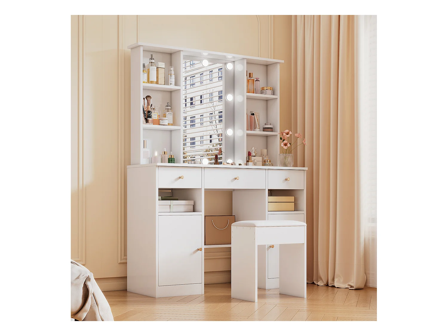 Ensemble de coiffeuse - 110 x 40 x 151 cm - maquillage avec Leds + miroir + tabouret + 3 tiroirs + 2 portes - aggloméré - blanc