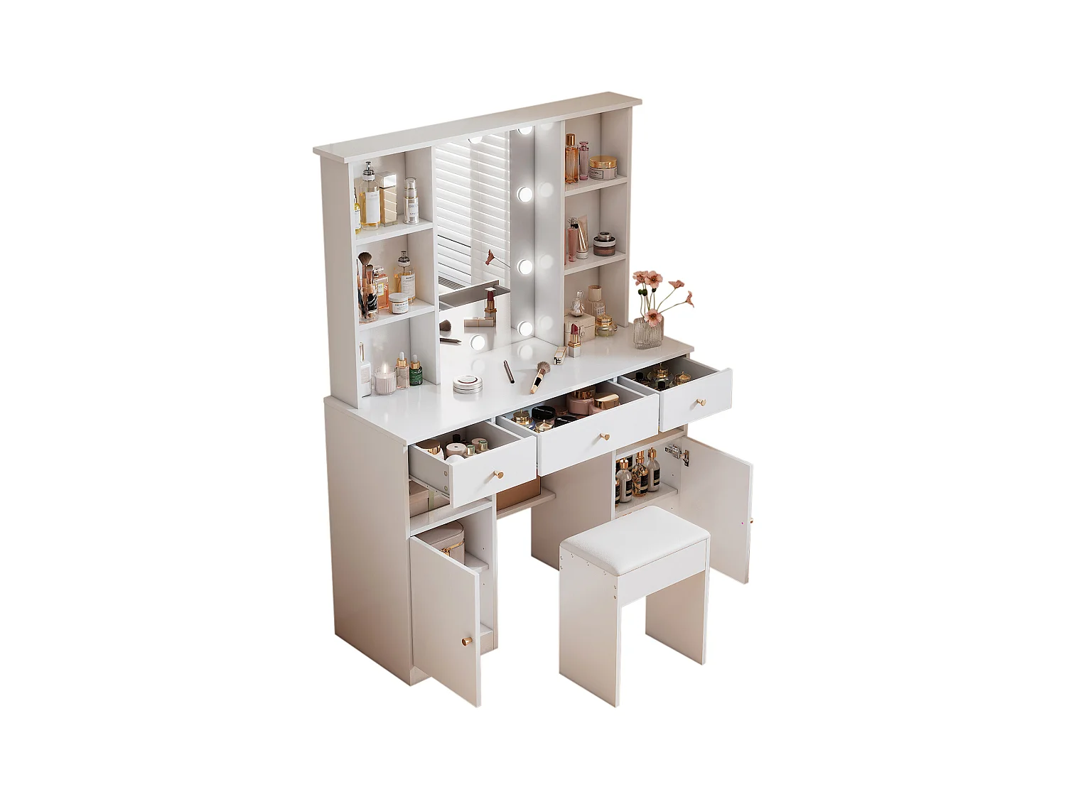 Ensemble de coiffeuse - 110 x 40 x 151 cm - maquillage avec Leds + miroir + tabouret + 3 tiroirs + 2 portes - aggloméré - blanc