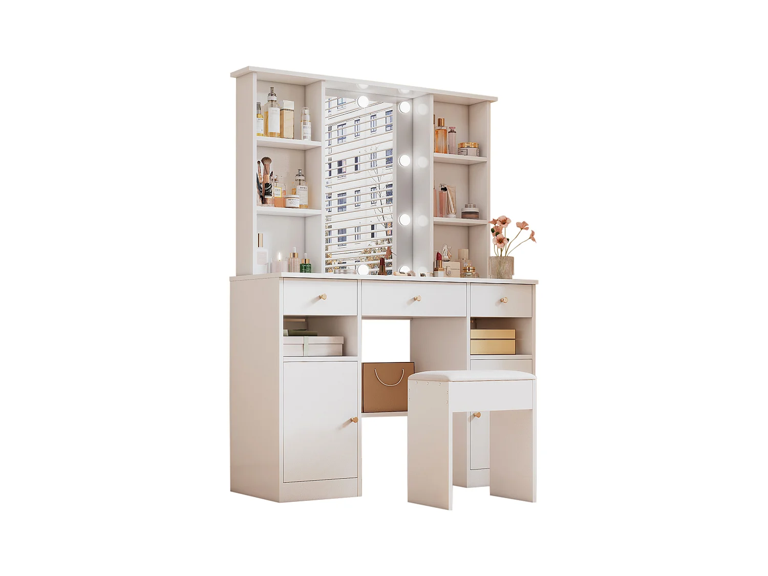 Ensemble de coiffeuse - 110 x 40 x 151 cm - maquillage avec Leds + miroir + tabouret + 3 tiroirs + 2 portes - aggloméré - blanc