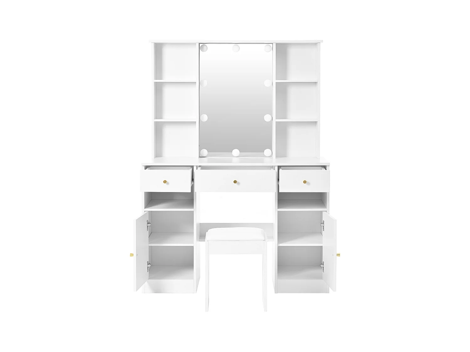 Ensemble de coiffeuse - 110 x 40 x 151 cm - maquillage avec Leds + miroir + tabouret + 3 tiroirs + 2 portes - aggloméré - blanc