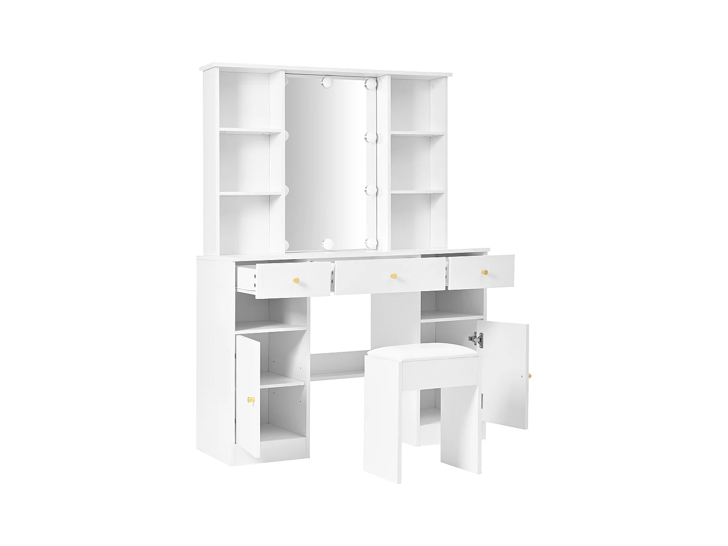 Ensemble de coiffeuse - 110 x 40 x 151 cm - maquillage avec Leds + miroir + tabouret + 3 tiroirs + 2 portes - aggloméré - blanc