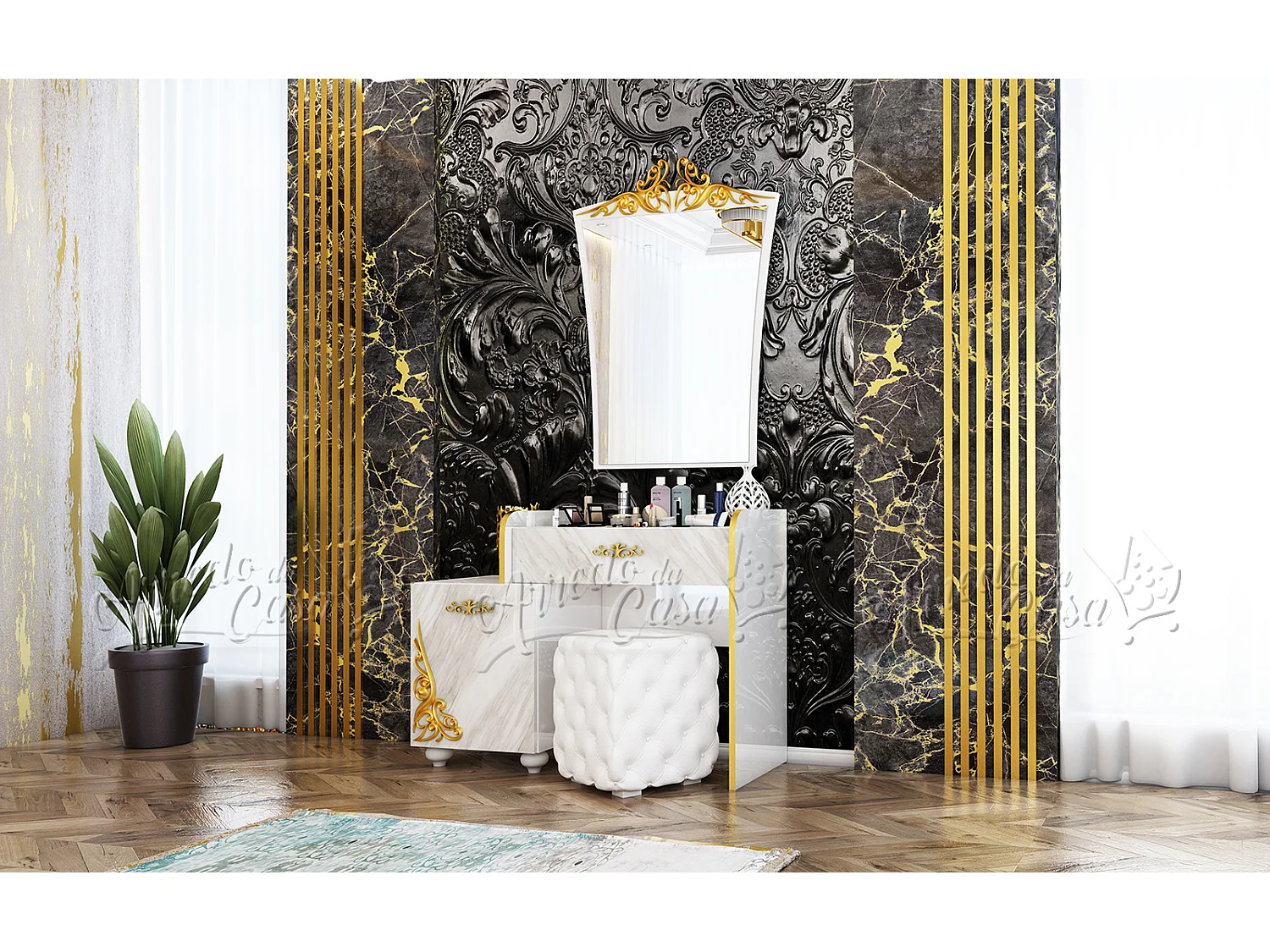 Toeletta da camera per trucco con cassetto e specchio CU41 110x80 marmo e bianco lucido