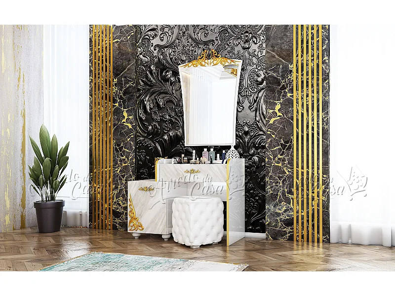 Toeletta da camera per trucco con cassetto e specchio CU41 110x80 marmo e bianco lucido