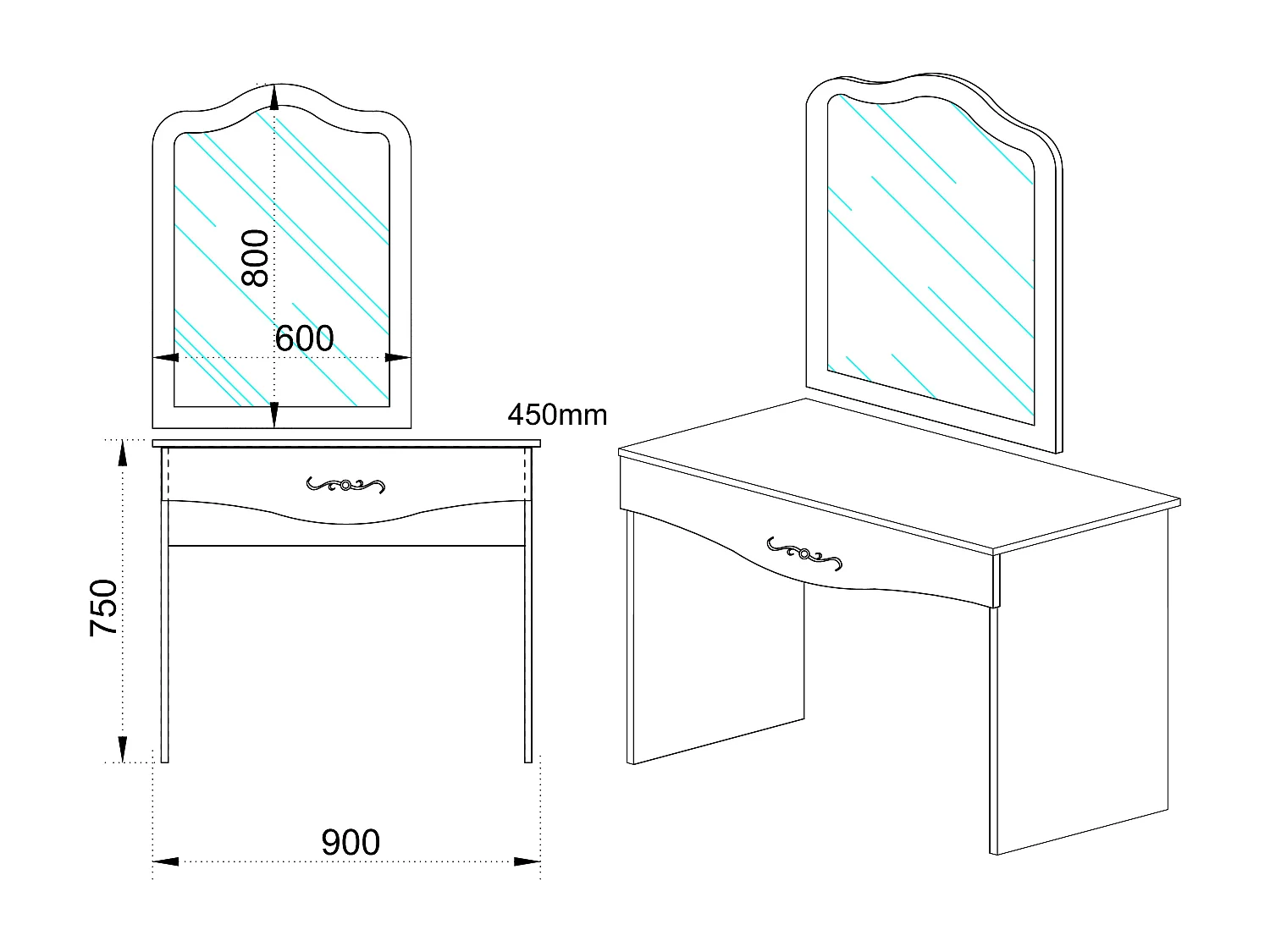 Toeletta per camera design moderno con cassetto e specchio CI8 90x75 bianco