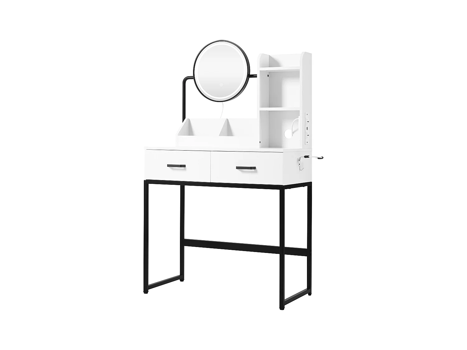 Toaletka Modern - 80 x 40 x 138,5 cm - z diodami LED + lustro + stołek + 2 szuflady + 2 półki - płyta wiórowa - biały