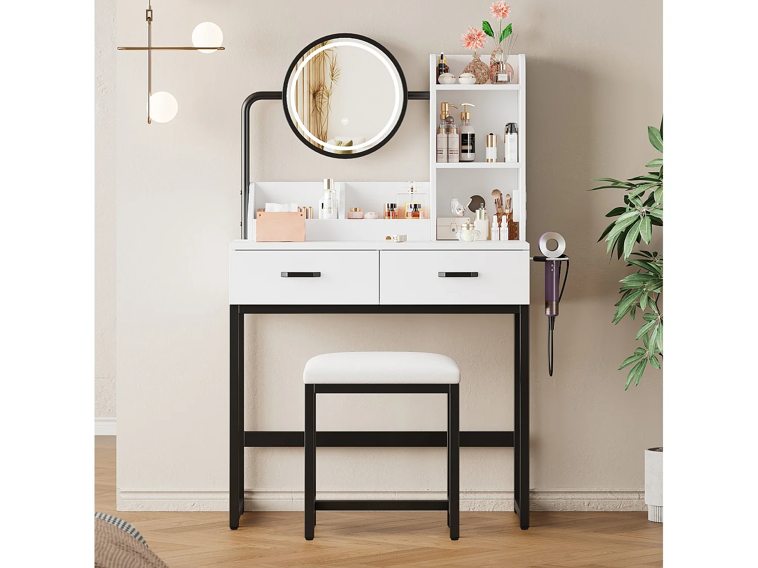 Moderner Schminktisch – 80 x 40 x 138,5 cm – mit LEDs + Spiegel + Hocker + 2 Schubladen + 2 Einlegeböden – Spanplatte – weiß