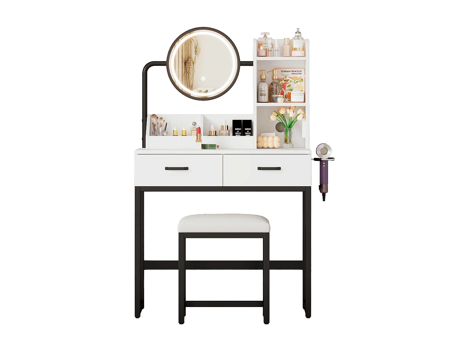 Moderner Schminktisch – 80 x 40 x 138,5 cm – mit LEDs + Spiegel + Hocker + 2 Schubladen + 2 Einlegeböden – Spanplatte – weiß