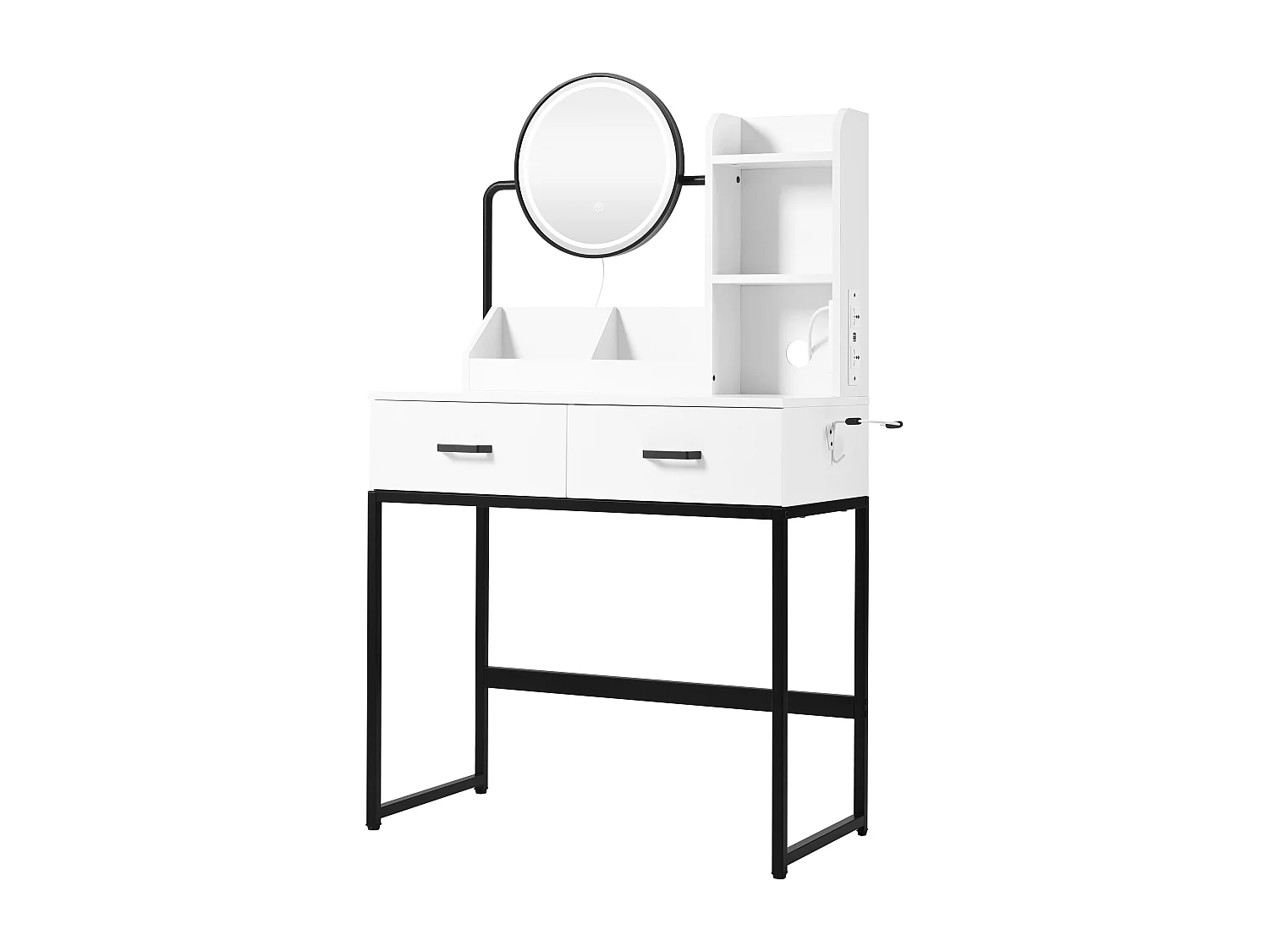 Moderner Schminktisch – 80 x 40 x 138,5 cm – mit LEDs + Spiegel + Hocker + 2 Schubladen + 2 Einlegeböden – Spanplatte – weiß