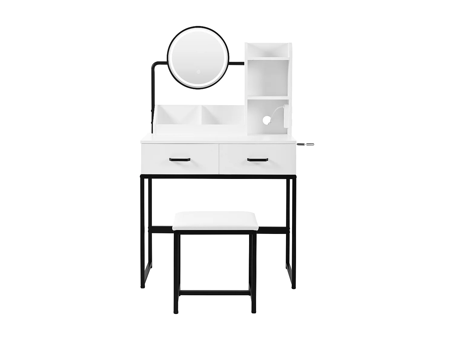 Moderner Schminktisch – 80 x 40 x 138,5 cm – mit LEDs + Spiegel + Hocker + 2 Schubladen + 2 Einlegeböden – Spanplatte – weiß