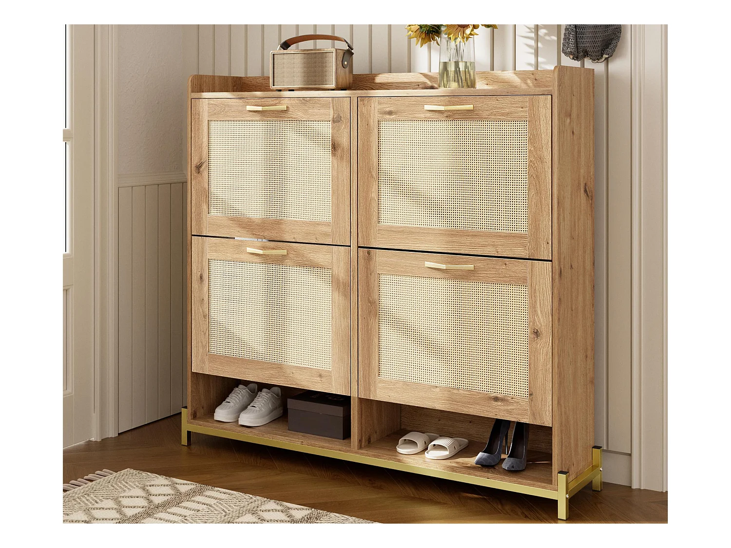 Moderne schoenenkast - met rattan deuren - 4 deuren - metalen frame - naturel