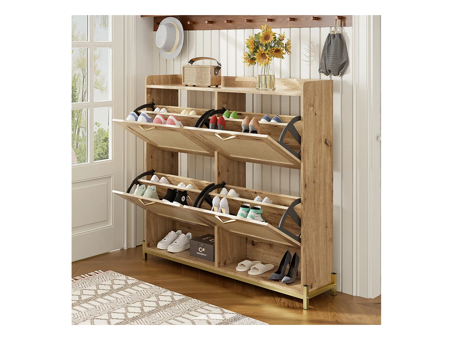 Moderne schoenenkast - met rattan deuren - 4 deuren - metalen frame - naturel