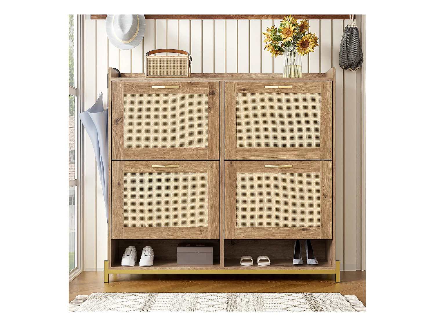 Moderne schoenenkast - met rattan deuren - 4 deuren - metalen frame - naturel