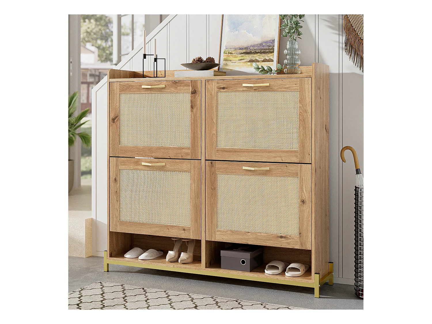 Moderne schoenenkast - met rattan deuren - 4 deuren - metalen frame - naturel